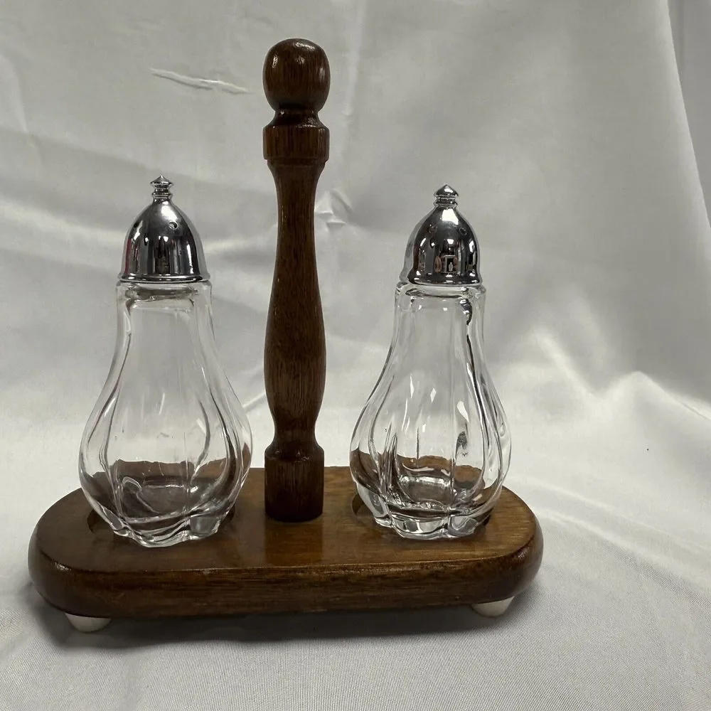 Vintage Glass‎ Salt & Pepper Shakers Metal Tops With Wooden Caddy MCM